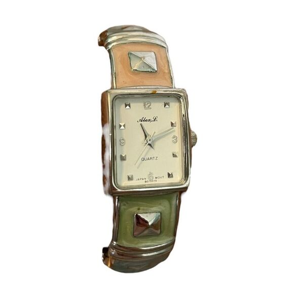 Alex L. Quartz Clamper Bracelet Watch Silver Tone Metal Pastel Hinged - Picture 1 of 7